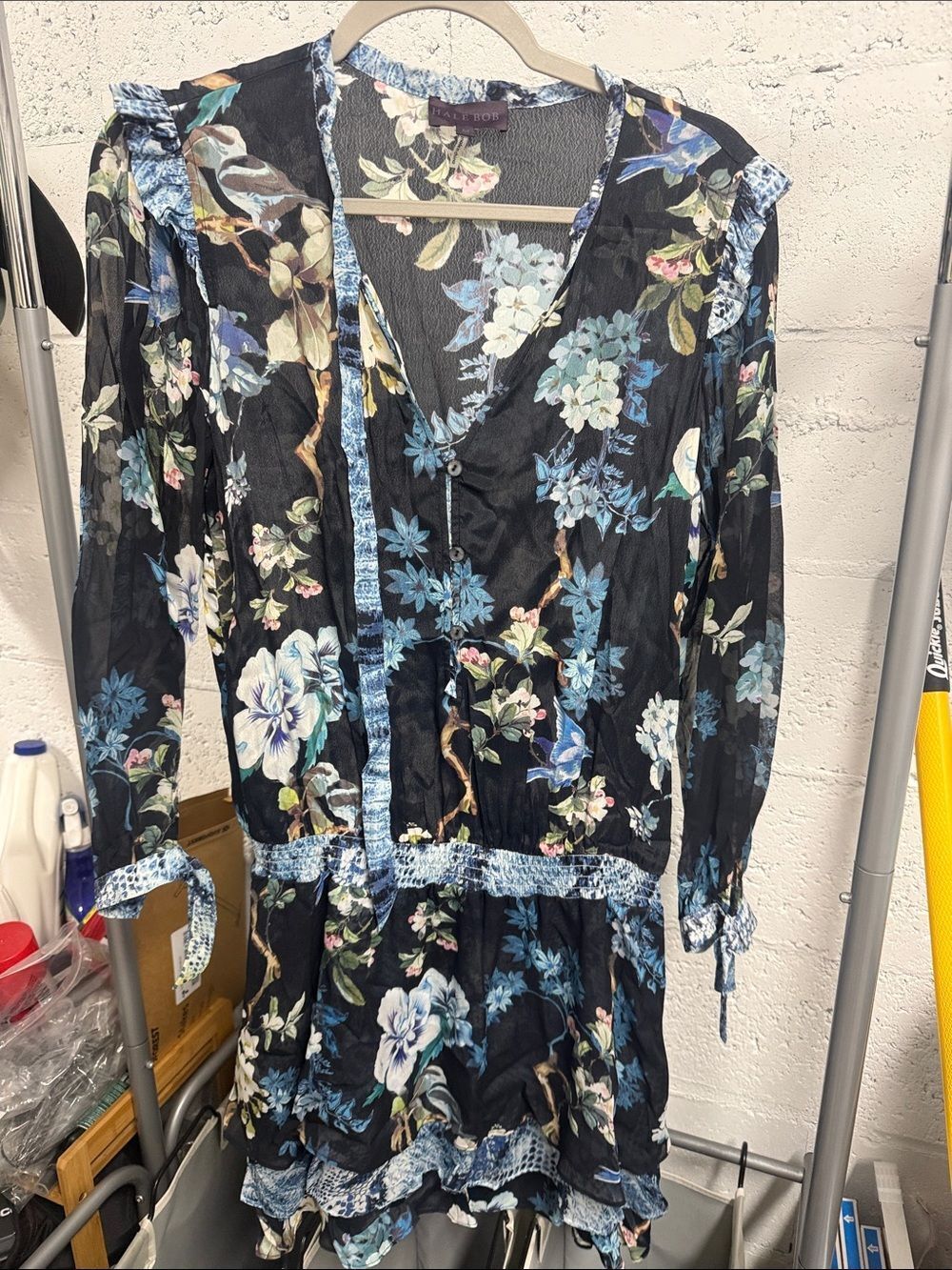 Floral V-Neck Long Sleeve Dress - Black & Blue - HALE BOB - Size Medium NWOT